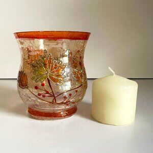 Crackle Glass Autumn Leaf Votive Candle Holder Hurricane w/FREE Candle